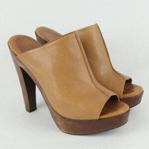 Diane Von Furstenberg Faye Women's Size 6.5 Tan Leather Open Toe Wood Sole Mule